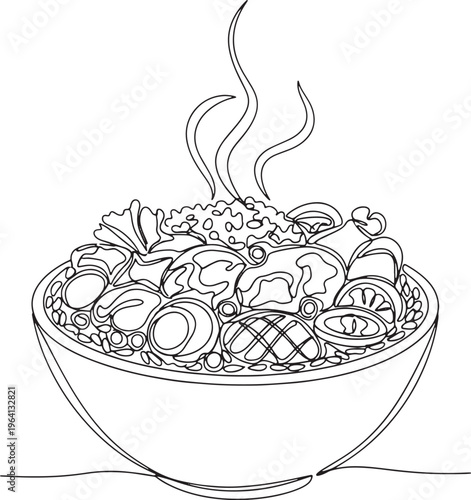 Minimalist continuous line art illustration of a steaming, wholesome meal in a bowl, featuring diverse fresh ingredients and a warm, inviting presentation
