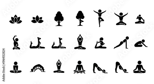 Yoga Poses Icons Set: Lotus, Tree, Warrior, Downward Dog, Cobra, Meditation