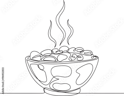A single-line drawing of a steaming bowl of food, showcasing a simple and elegant culinary depiction with wisps of steam rising, perfect for food-related graphics
