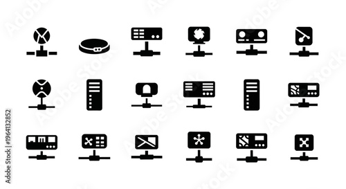 Network Server Icons Collection: Computer, Router, Modem, Data Center, Cloud Computing, Security