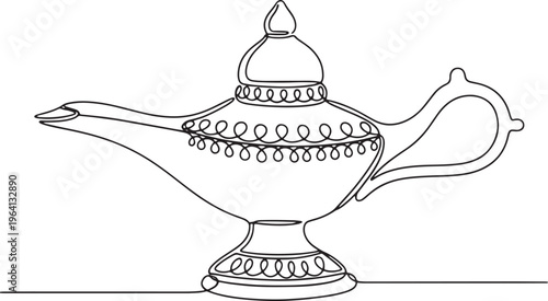 Continuous line drawing of an ornate magic lamp, symbolizing wishes, dreams, and ancient tales from the Arabian Nights, perfect for design elements or storytelling concepts in a minimalist art style