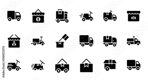 Delivery and Logistics Icons: Trucks, Vans, Scooters, and Packages