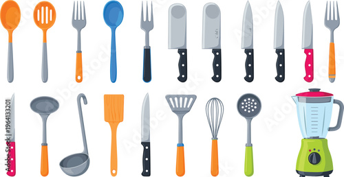 Kitchen utensil set with knives spatulas whisk blender and cooking tools in colorful flat vector illustration style
