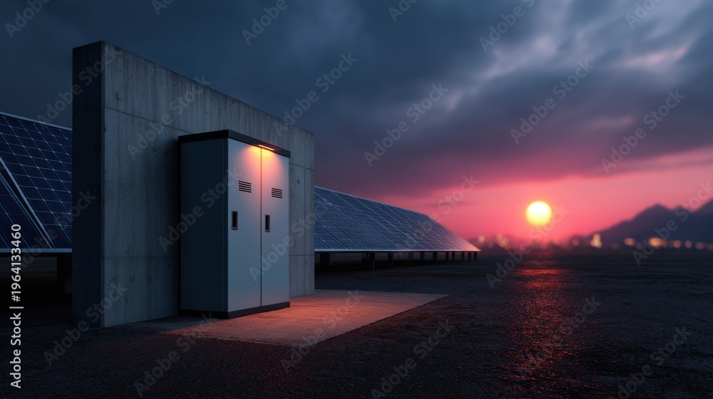 Fototapeta premium Solar Energy Technology at Sunrise with Panels and Equipment in an Urban Setting