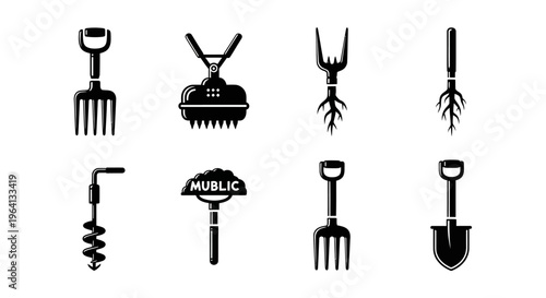 Gardening Tools Icons Set: Fork, Spade, Root Remover, Auger, and More