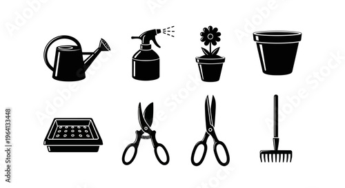 Gardening Tools Icons Set: Watering Can, Sprayer, Plant Pot, Scissors, Rake, Seed Tray