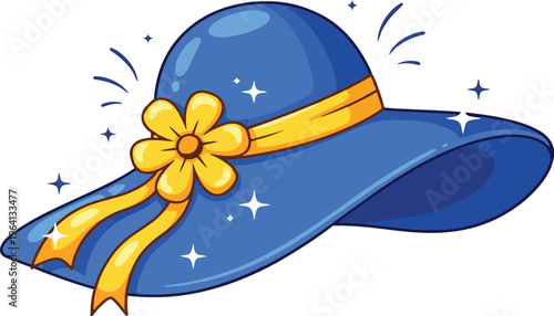Stylish Blue Summer Hat with Yellow Flower and Ribbon, Sparkling Embellishments for Fashion, Beachwear, and Accessory Designs