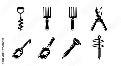 Set of Garden Tools Icons: Corkscrew, Forks, Scissors, Trowels, Dibber, Planter
