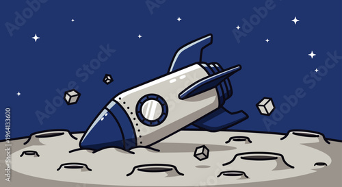 rocket crash on the moon a cute cartoon spaceship after a failed mission or accident.