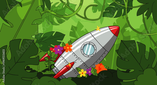 rocket jungle spaceship tropical adventure a charming cartoon vehicle resting amidst lush green foliage and vibrant flowers.