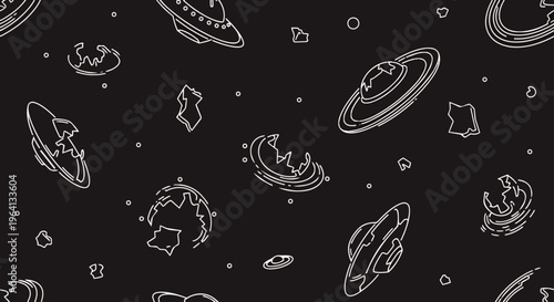 seamless pattern of crashed ufo spaceships and space debris on a grey background depicting an outer space accident scene perfect for sci-fi themes