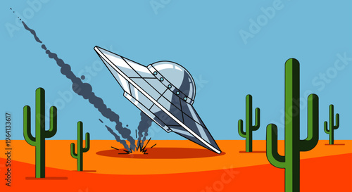 a crashed ufo spaceship suffers an accident in a desert landscape among saguaro cacti a vibrant cartoon vector illustration.