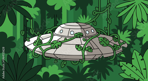 ufo flying saucer overgrown in a dense jungle forest evoking a mysterious abandoned alien crash site discovery.