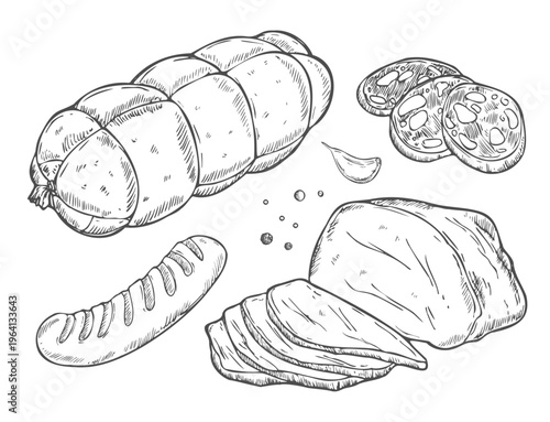 Doodle sausage and salami ham sketch set, hand drawn food engraving.
