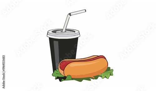 Fast food combo vector with soda drink and hot dog on fresh lettuce isolated on white background