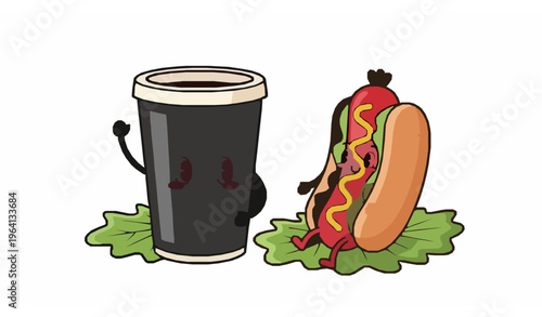 Cute cartoon soda drink and hot dog characters on lettuce fun fast food vector set isolated on white