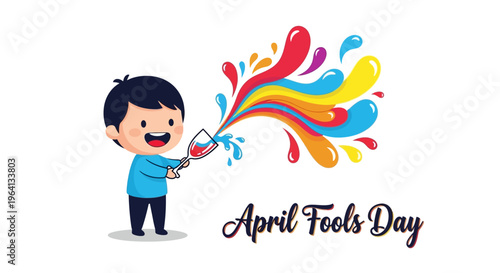 A cheerful cartoon boy spraying colorful paint for April Fools Day with a playful prank concept and humorous illustrations.