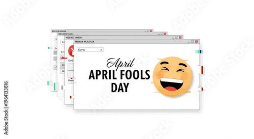A stack of white cards with 'April Fools Day' and a laughing emoji on a clean white background, conveying humor and jokes concept in a flat lay composition with vector illustrations.