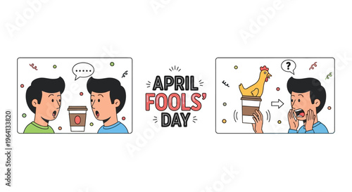 Illustration of a man reacting to an April Fools' Day prank with humor and jokes concept on a clean white background.