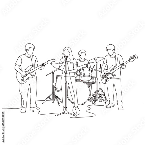 a music band performing live with diverse musicians playing guitar drums and singing in a modern line art style.