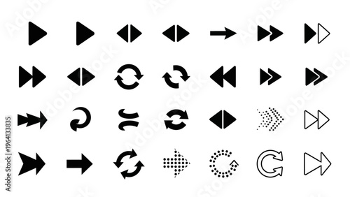 media player icons and arrow symbols a vector flat design set offering navigation controls for digital media and user interfaces.