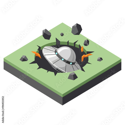 a ufo crash and spaceship accident scene featuring a flying saucer impacting broken ground in an isometric view flat design.