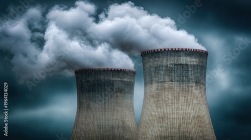 Cooling Towers Emitting Steam Under Dramatic Cloudy Sky Highlighting Industrial Power Generation and Environmental Impact
