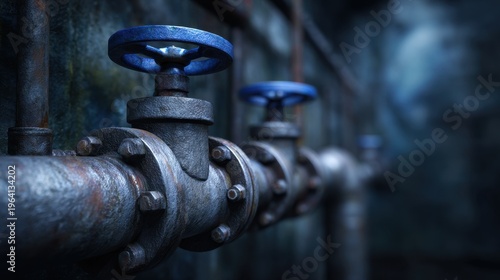 Rusty Industrial Valve Pipes in Abandoned Warehouse with Blue Handles for Urban Exploration Background