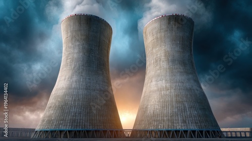 Cooling Towers of a Nuclear Power Plant Surrounded by Dark Clouds and Dramatic Sunset