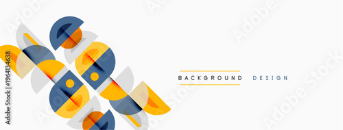 Abstract geometric shapes overlap, creating dynamic visual pattern. Minimalist design utilizes blue, orange, yellow hues. Clean background enhances composition.