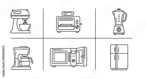 Collection of common kitchen appliances and electronic devices
