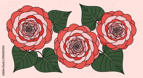 Charming illustration featuring a trio of stylized rose blossoms in varying shades of pink and red, complemented by deep green foliage on a soft background