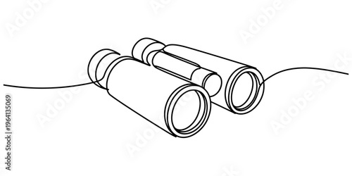 A continuous line drawing of binoculars showing a minimalist design on a plain white background.