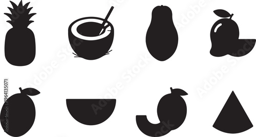 flat lay tropical fruits and coconut bowl minimalist black and white illustration