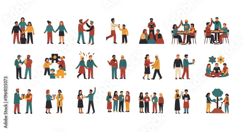 Diverse Human Interactions, Teamwork, Collaboration, and Communication Illustrated Set for Community Building and Social Connection