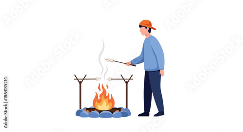 Man Roasting Marshmallows Over a Cozy Campfire on a Summer Evening - Outdoor Leisure Activity