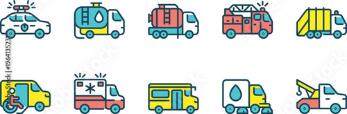 Colorful illustration of various emergency and service vehicles