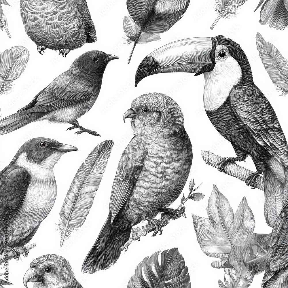 Fototapeta premium Seamless Doodle Pattern Featuring Various Birds and Leaves in Black Ink on a White Background for Artistic Designs