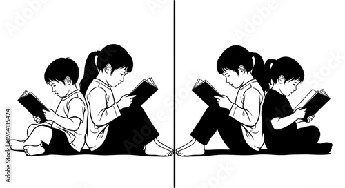 Mirrored depiction of young learners engrossed in books, illustrating the universal pursuit of knowledge and the shared journey of childhood education