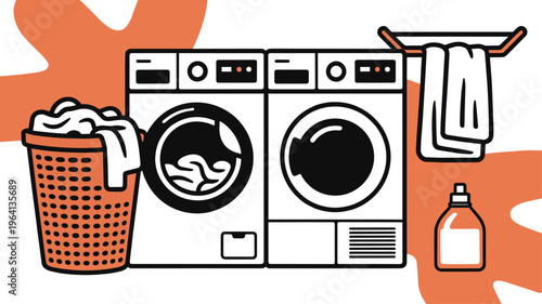 Washing Machine and Dryer with Laundry Basket and Towels in Flat Line Art Illustration