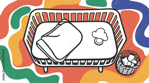 Newborn Bassinet with Blanket and Pacifier on Colorful Abstract Background, Line Art Illustration