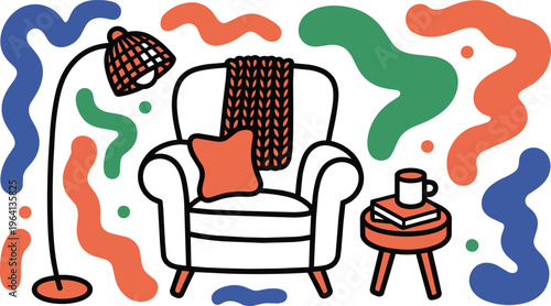 Cozy Armchair with Floor Lamp and Side Table in Home Living Room Vector Illustration