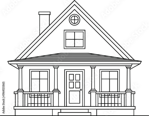 A detailed line drawing of a classic house with a gable roof design