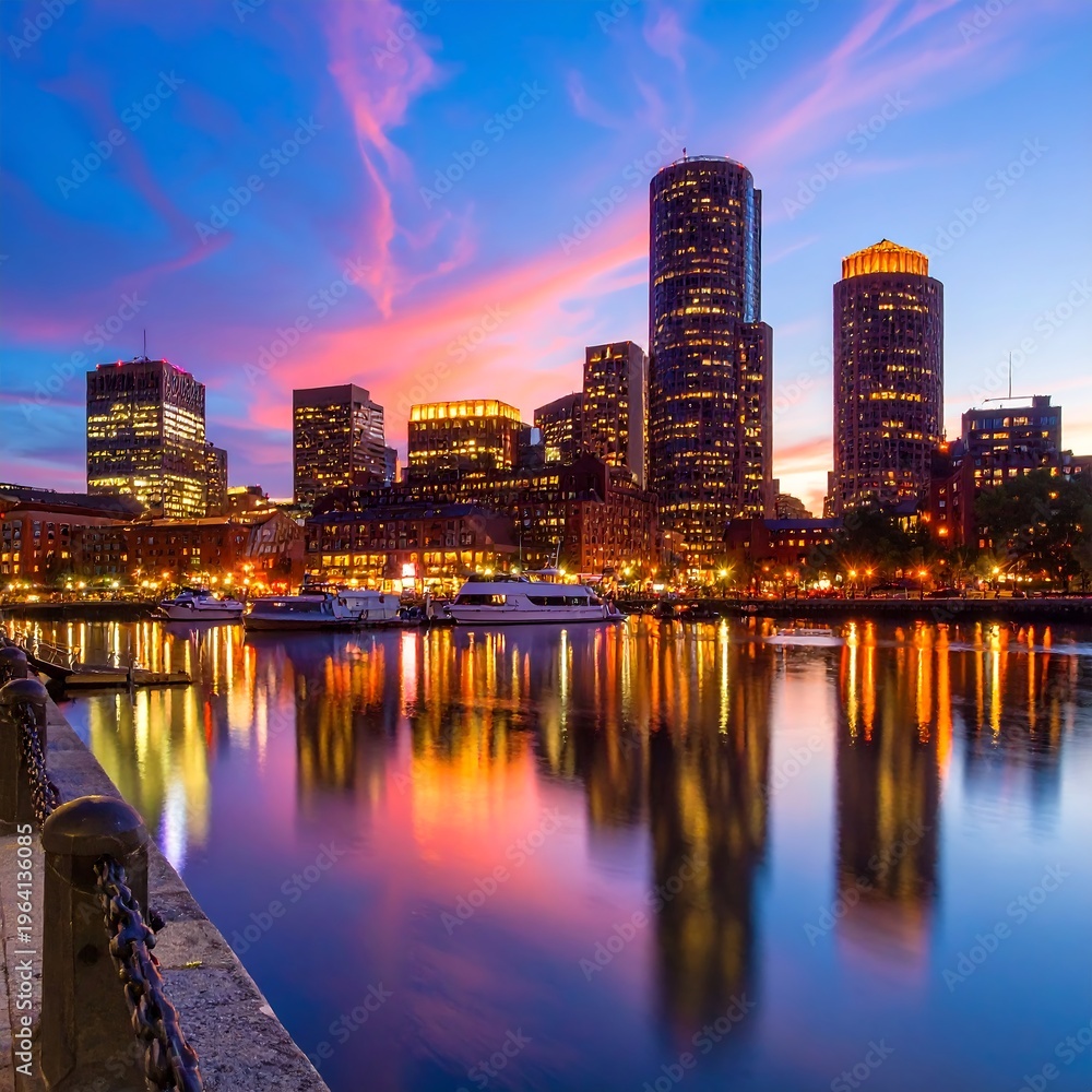 Obraz premium Vibrant cityscape at sunset with reflections on water