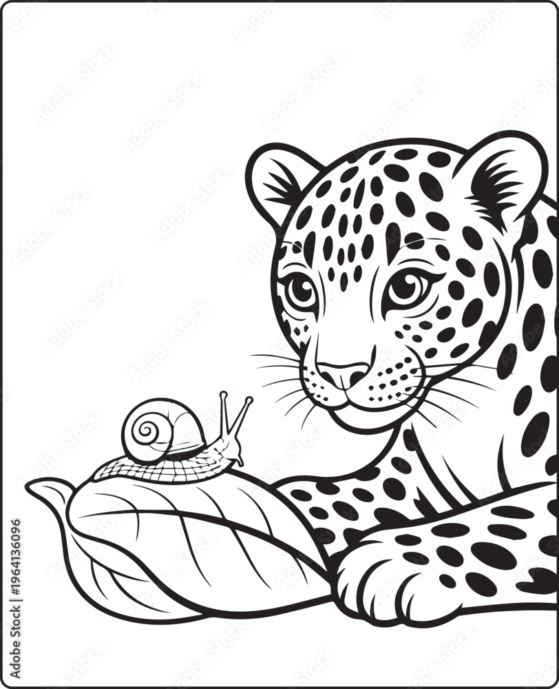 Obraz premium Cute leopard playing with a snail on leaf black line art vector illustration for kids coloring page design
