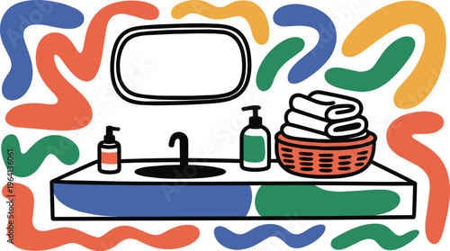 Bathroom Sink Counter with Mirror and Stacked Towels, Colorful Abstract Illustration