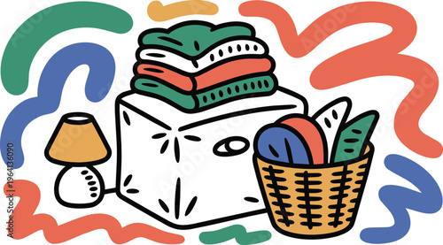 Folded Clothes Stacked on Washing Machine with Laundry Basket, Hand-Drawn Doodle Style