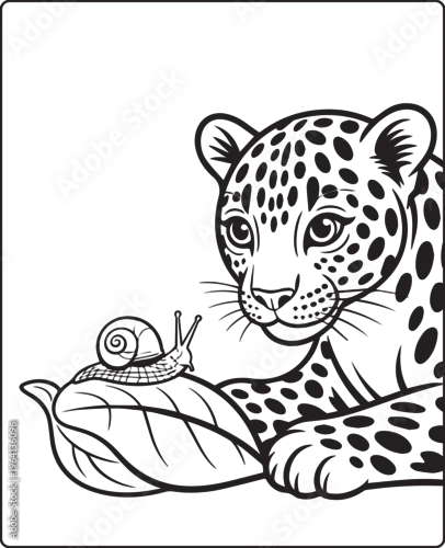 Obraz Cute leopard playing with a snail on leaf black line art vector illustration for kids coloring page design