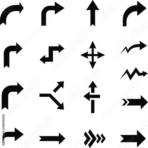 Collection of various black arrows on white background for navigation and direction