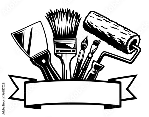 Professional Home Painter Tools Set With Paint Brush Roller And Spatula, Construction And Renovation Service Emblem With Blank Ribbon Banner